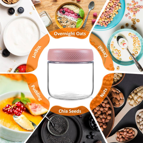 MOLADRI 4 Pack 12oz Glass Clear Storage Canister with Airtight Lid, Overnight Oats Containers, Small Cute Decorative