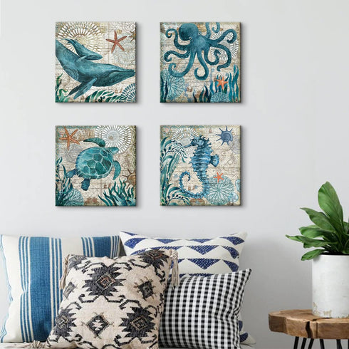 Bathroom Wall Art Beach Decor – Ocean Sea Turtle Octopus Canvas Pictures, Teal Bathroom Accessories, Nautical Painting