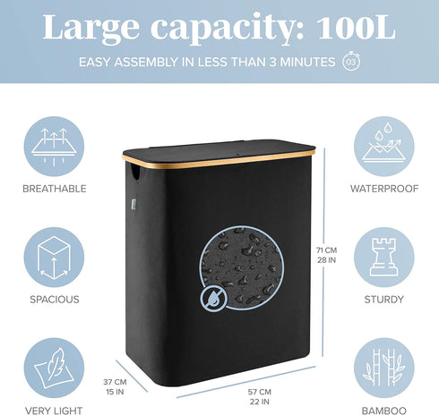 Lonbet Double Laundry Hamper with Lid Cover, Bamboo Dual Section Basket, Removable Bags, 39.6 Gallons (Black)