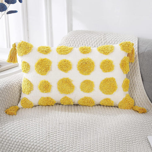 PANOD Super Soft Farmhouse Decorative Plush Throw Pillow Covers 12 x 20, Solid Pom Pom Tufted with Tassels (Yellow)