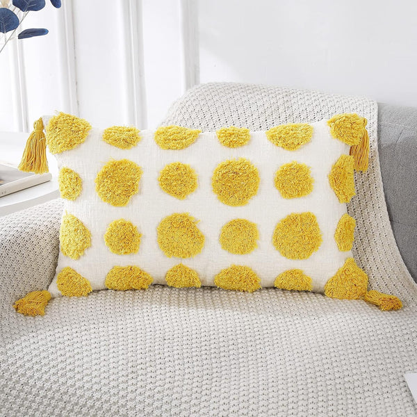 PANOD Super Soft Farmhouse Decorative Plush Throw Pillow Covers 12 x 20, Solid Pom Pom Tufted with Tassels (Yellow)
