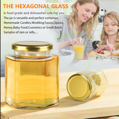 Encheng 16 oz Clear Hexagon Jars with Lids (Golden), Mason Jars for Honey, Foods, Jams, Liquid, Spice Jar, 12 Pack