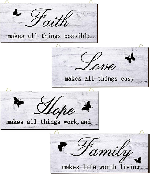 4 Pieces Faith Love Hope Family Wood Sign, Rustic Wooden Home Wall Sign for Front Porch Door