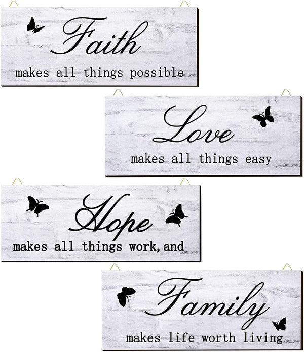 4 Pieces Faith Love Hope Family Wood Sign, Rustic Wooden Home Wall Sign for Front Porch Door
