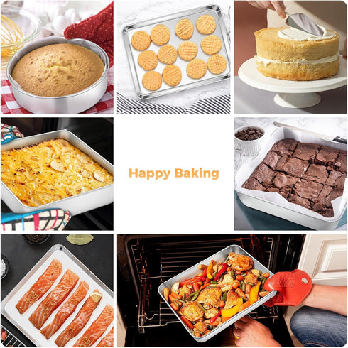 Set, 6-Piece Sets E-far Stainless Steel Baking Pan Metal Bakeware Include Cookie Sheet, Round Square Rectangle Cake