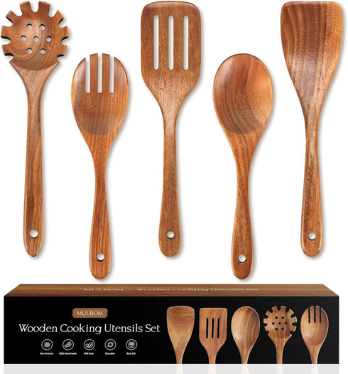 5 PCS Wooden Cooking Spoons, Natural Teak Kitchen Utensils, Smooth Non-Stick Surface, Soft Comfort-Grip