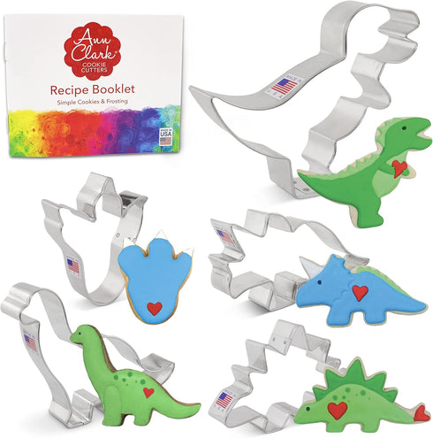 Ann Clark Dinosaur Cookie Cutters, 5-Pc Set, Made in USA, Triceratops, Stegosaurus, T-Rex, Brontosaurus, Dino Footprint