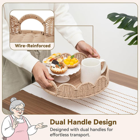 Counter, GRANNY SAYS Wicker Decorative Scalloped Trays for Home Decor, Coffee Table Trays with Handles, Woven Rattan