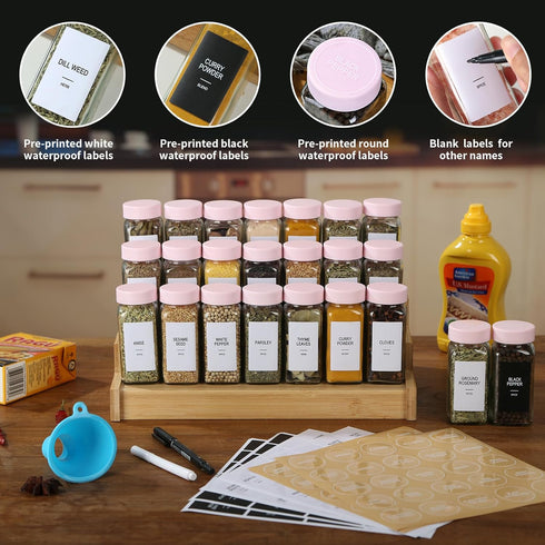 GMAMXD 36 Set, 4oz 492 1 Glass Spice Jars with Labels, Spice Jar Seasoning Containers, Spice Containers with Pink