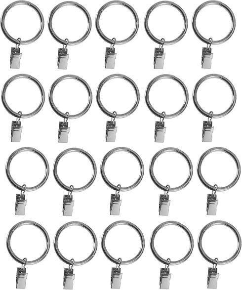 Set of 20 Silver Metal Curtain Rings - 1.5-inch with Clips and Eyelets