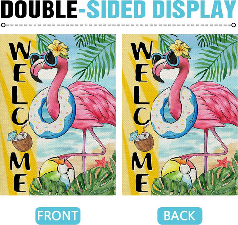 Welcome Summer Flamingo 28 x 40 House Flag, Double Sided; Beach Coastal Swim Ring Tropical Palm Leaves Garden Yard
