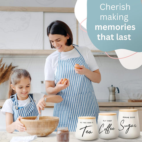 Set 3-Piece Countertop Set, Coffee Tea and Sugar Ceramic Canister with Bamboo Lids - Airtight Kitchen Canisters