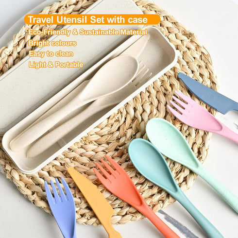 4 Sets Reusable Travel Utensils with Case, Wheat Straw Utensils for Daily Use, School, Work, or Camping Accessories