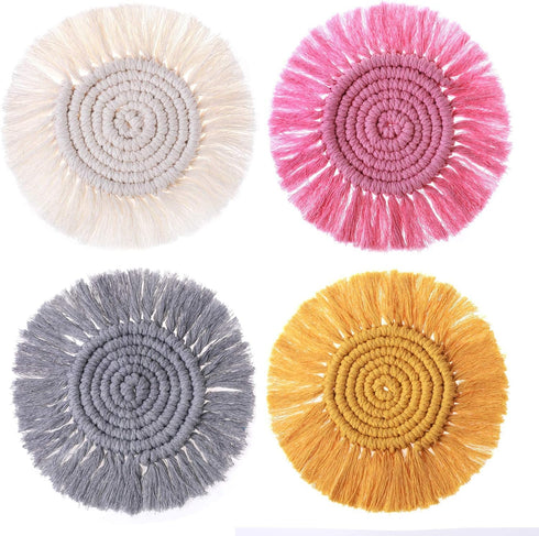 4PCS Macrame Coasters for Drinks, Handmade Cotton Coasters Set, Boho Woven Coasters with Tassels for Mugs and Cups
