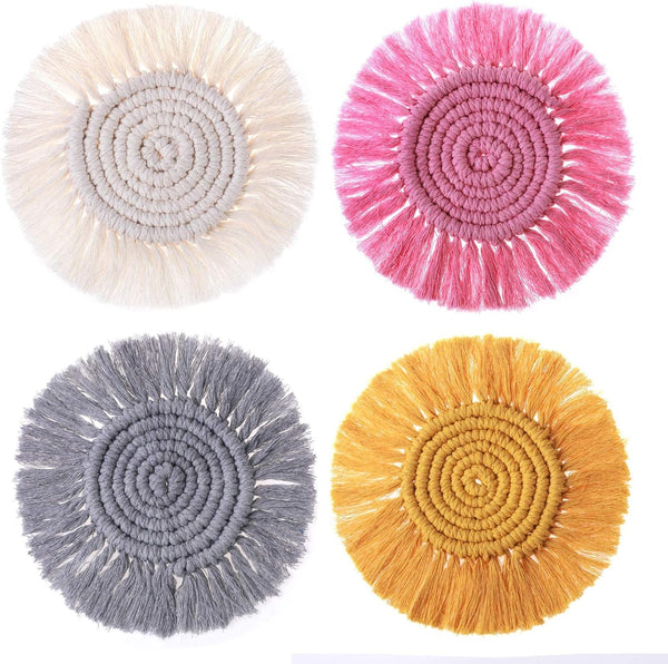 4PCS Macrame Coasters for Drinks, Handmade Cotton Coasters Set, Boho Woven Coasters with Tassels for Mugs and Cups