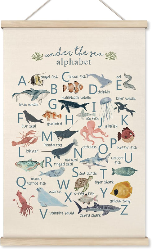 HRQKO Ocean Alphabet Poster Hanger Frame, ABC Poster Wall Art with Wooden
