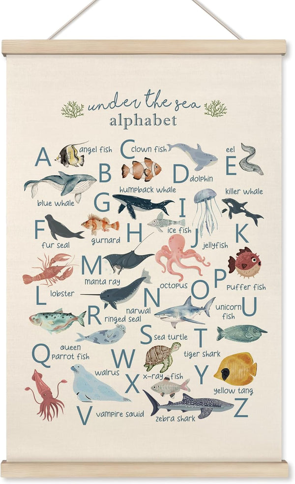 HRQKO Ocean Alphabet Poster Hanger Frame, ABC Poster Wall Art with Wooden