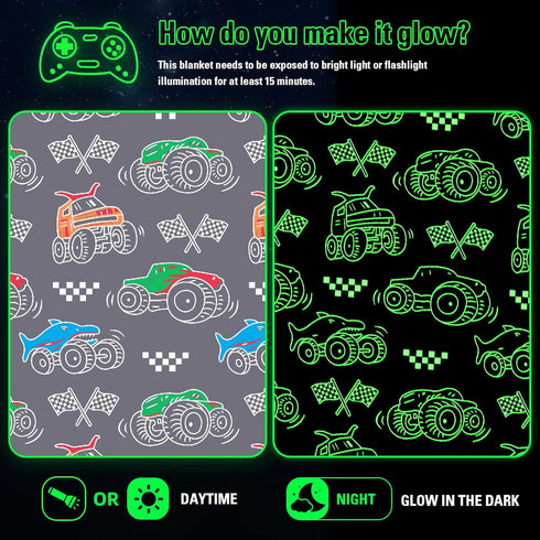 LMKLOP 3-12 40"x 60" Glow in The Dark Monster Truck Blanket for Boys/Girls/Kids/Toddler/Baby, Cute Funny Car Blanket