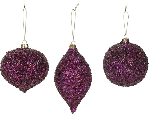 Beaded Purple Plum Glittered Ball Finial - 6 inch Glass Decorative Hanging Christmas Ornament Set
