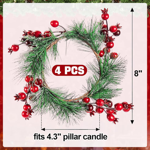 4.3 Inches 4 Christmas Candle Rings- Candle Wreaths Candle Garland with Artificial Red Berries- Xmas Wreath Candle