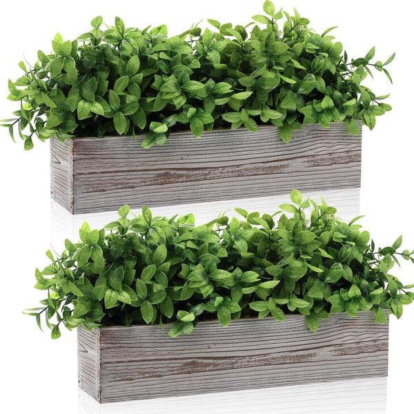 Lyrow 2 Pack Artificial Eucalyptus Plants in Rectangular Rustic Wooden Planter Box