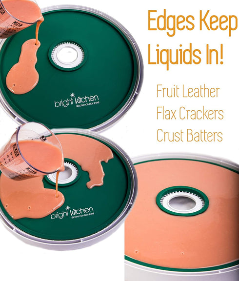 2 Fruit Leather Silicone Dehydrator Sheets with EDGES Compatible With Presto Round Dehydrators Lip Mold NON-Toxic Hold Batter Liquid Roll Up Circle ReUsable Flexible No Stick 11.5" (2 Edge Sheets) by Bright Kitchen