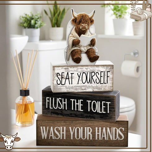 Moucuny 4 Set Pcs Highland Cow Bathroom Decor Funny Rustic Wooden Tiered Tray Signs with Highland Cow Toilet Figurine