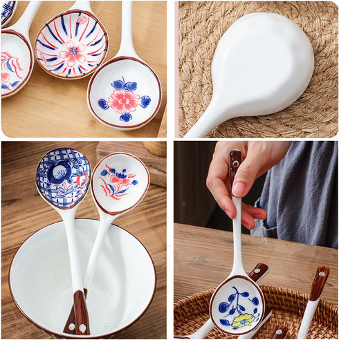 Soup Spoon, Asian Ceramic Spoons with Long Handle, Japanese Soup Spoon Set of 6 for Ramen, Wonton, Dumplings
