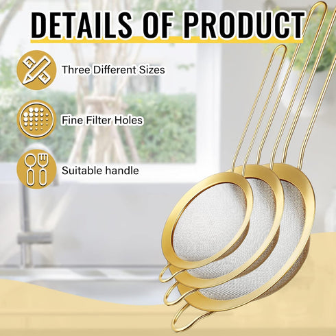 Norme 5 Quart Stainless Steel Gold Colander and 3 Pcs Gold Fine Mesh Strainer, Easy Clean and Dishwasher Safe