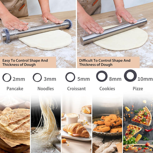 Adjustable Rolling Pin with Thickness Rings - Non Stick Stainless Steel Dough Roller Pin for Baking (Grey, 15.8'')