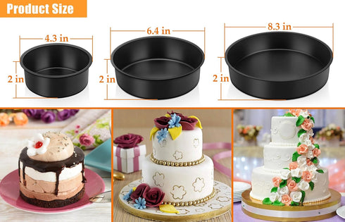 TeamFar Cake Pan, 4'' / 6''/ 8'' Round Baking Tier Pan Set, with Non-Stick Coating Stainless Steel Core, for Steaming Serving, Healthy & Heavy-Duty, Release Easily & Easy Clean, Set of 3, Black by TeamFar