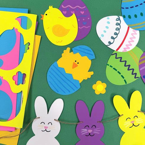 130 2-Sided Pieces Eggs, Baby Chicks & Bunny Punch Out Paper Cutouts for Easter Decorations, US Made Card Stock cutouts