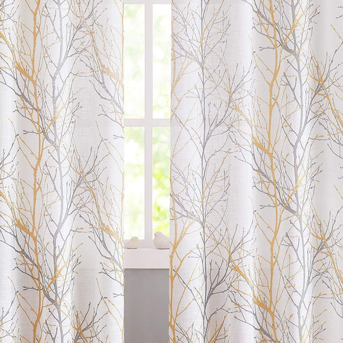 FMFUNCTEX Linen Semi Sheer Curtains - Yellow White 45 Inches Long for Bedroom, Grey Tree Branch Print