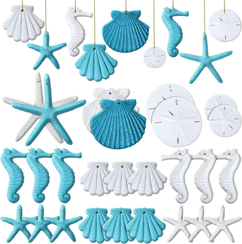 Jetec 26 Pcs Beach Ocean Themed Christmas Ornaments, Bulk Resin Starfish & Seashell Decorative Nautical Ornaments for