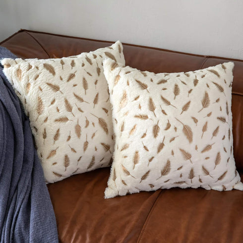 Decorative Pillow Covers - 18x18 Inch Throw Pillows for Living Room, Set of 2 White Fur with Gold Leaves