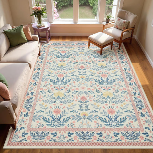 5x7 Joydeco Boho Floral Light Pink Area Rugs for Bedroom Girls Playroom, Machine Washable Kids Room Nursery Rug Non