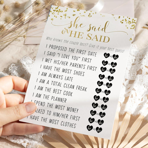 Black and Gold Bridal Shower Games - 25 Cards for He Said She Said, Guess Who Wedding Activity