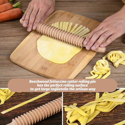 Beech Wood 7mm Fettuccine Pasta Cutter, Noodle Lattice Roller Docker Dough Cutter, Wooden Rolling Pin Kitchen Tool