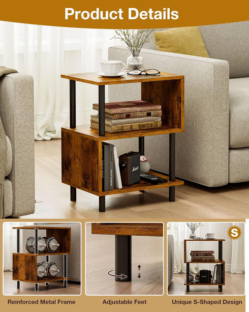 3-Tier 44 LBS Frylr Small Side Table, End Table and Nightstand with Wood Shelves, Sturdy Metal Frame with Capacity per