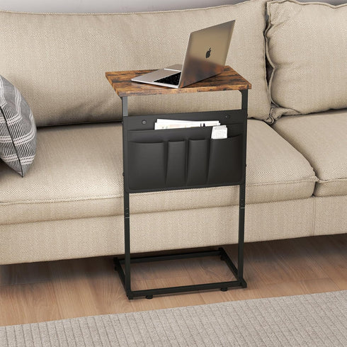 ZER-007Br C Shaped End Table, Small Side Table with Storage Bag for Couch, Sofa Table with Metal Frame for Living Room