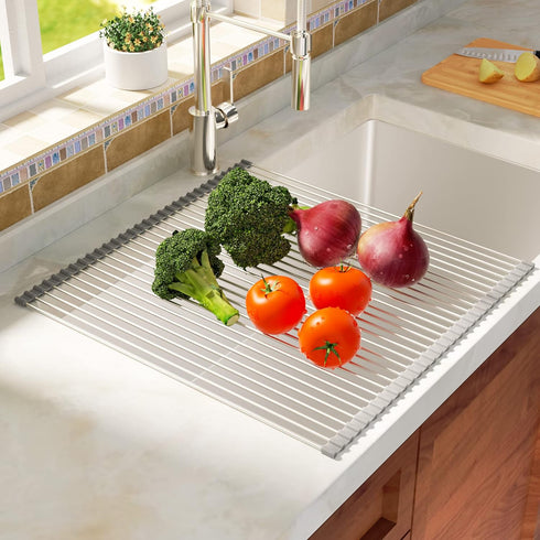Roll Up Dish Drying Rack, Over the Sink Kitchen Dish Drainer, Foldable Sink Rack Mat, 304 Stainless Steel