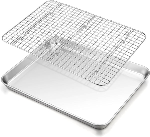 TeamFar 16 x 12 x 1 Inch Baking Sheet with Rack, Stainless Steel Cookie Baking Pan Tray for Roasting Cooling