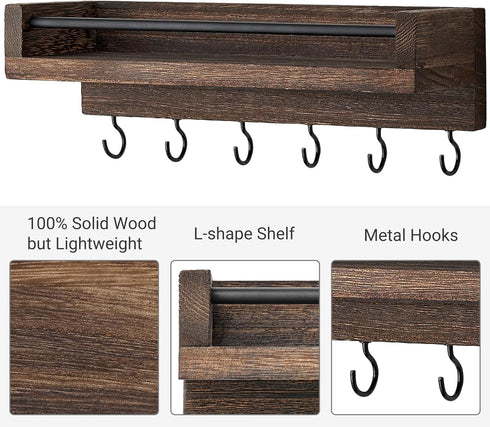 Mkono Small Rustic Wood Key Holder for Wall, 9.5" x 3.5" x 2.5", Decorative Display Keys Hanger Organizer with 6 Hooks