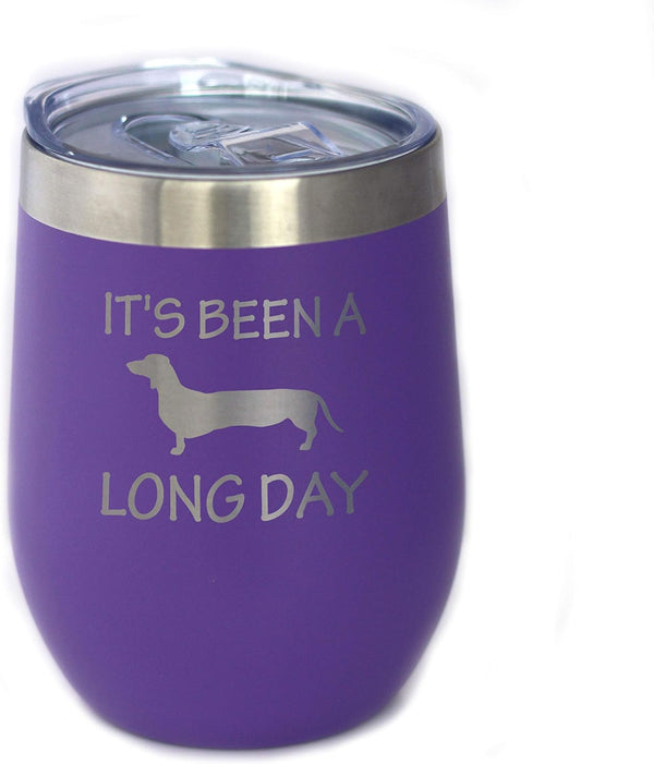 Been a Long Day Dachshund Wine Tumbler with Sliding Lid - Stemless Stainless Steel Insulated Cup, Purple