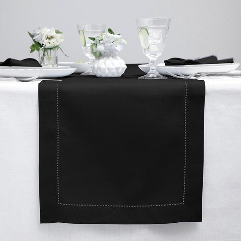 Solino Home Linen Black Table Runner, 100% Pure Linen Hemstitch, 14 x 72 Inch for Dining, Summer, Fall