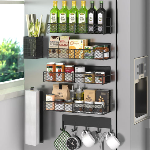 DTUQYX Magnetic Spice Rack for Refrigerator, 7 Pack Metal Shelf Black ,