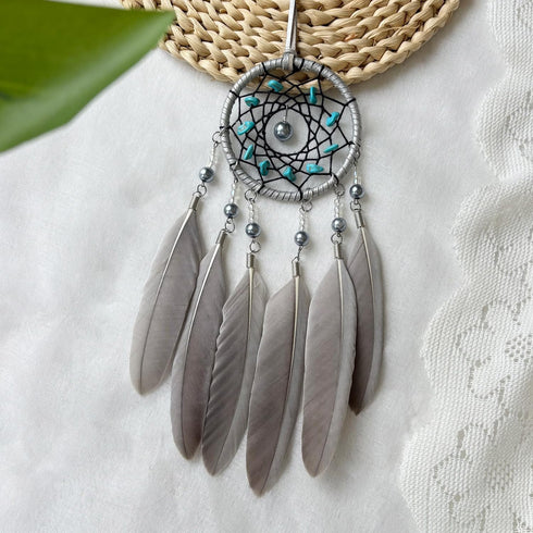 Small Dream Catchers for Cars Rear View Mirror, Handmade Gray Feather and Turquoise Car Charm Pendant
