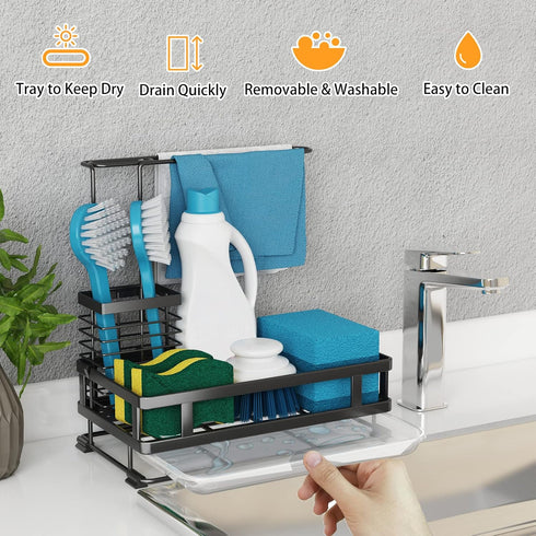 304 Godboat Kitchen Sink Organizer with Brush Rack, Stainless Steel Dish Soap Dispenser, Sponge Holder for Kitchen