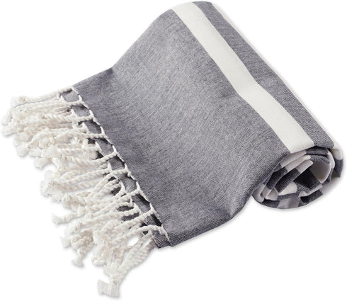 100% Cotton Decorative Turkish Fouta Towel, Soft & Absorbent with Twisted Fringe - Black Stripe