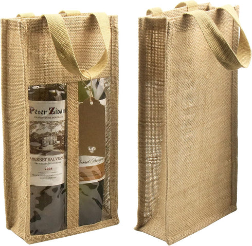 DIWNELEM 1 Pack Burlap Wine Gift Bags, Double Window Two Bottles Jute Bag for Wedding, Party Favors, Christmas
